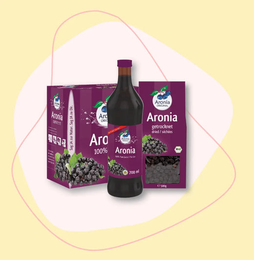 Organic aronia juice in Bag-in-Box and 700 ml bottle, and dried aronia berries