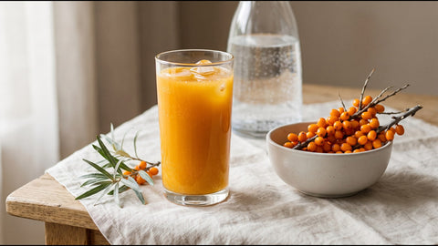 A glass of sea buckthorn juice with sparkling water next to a bowl of fresh sea buckthorn berries