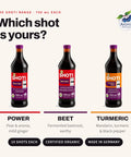 Shoti Beet Shot bottle between the Power Shot and Turmeric Shot bottles of the Shoti range