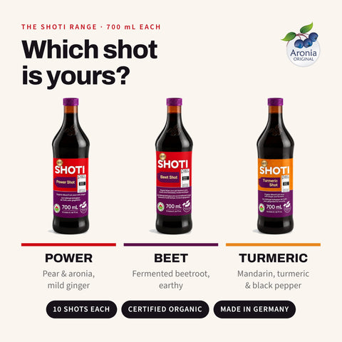 Shoti Beet Shot bottle between the Power Shot and Turmeric Shot bottles of the Shoti range