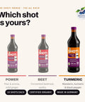 Shoti Turmeric Shot bottle next to the Power Shot and Beet Shot bottles of the Shoti range