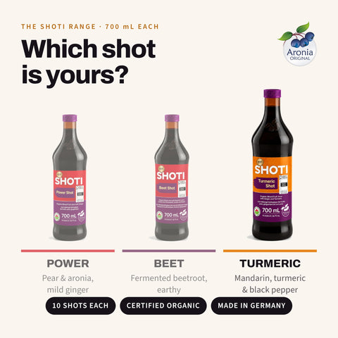 Shoti Turmeric Shot bottle next to the Power Shot and Beet Shot bottles of the Shoti range