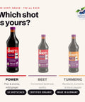Shoti Power Shot bottle next to the Beet Shot and Turmeric Shot bottles of the Shoti range