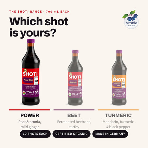 Shoti Power Shot bottle next to the Beet Shot and Turmeric Shot bottles of the Shoti range