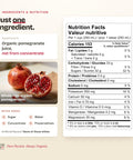Ingredients and Nutrition Facts table of PassionBio pomegranate juice