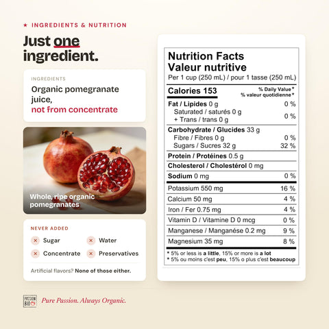 Ingredients and Nutrition Facts table of PassionBio pomegranate juice