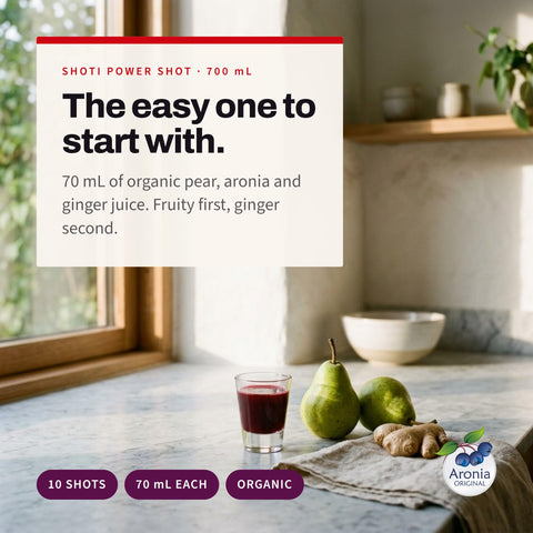 Serving suggestion: Small glass of Shoti Power Shot with two pears and ginger root by a window