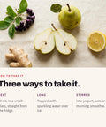 Serving suggestion: Pears, aronia berries, ginger root and lemon on linen, with three ways to serve Shoti Power Shot