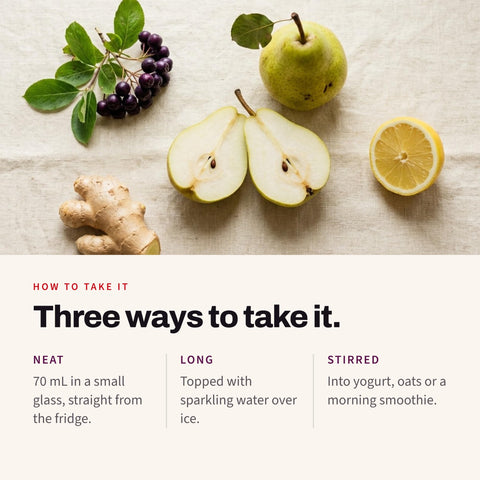 Serving suggestion: Pears, aronia berries, ginger root and lemon on linen, with three ways to serve Shoti Power Shot