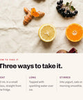 Serving suggestion: Aronia berries, lemon, orange, beetroot and turmeric root on linen, with three ways to serve Shoti Beet Shot