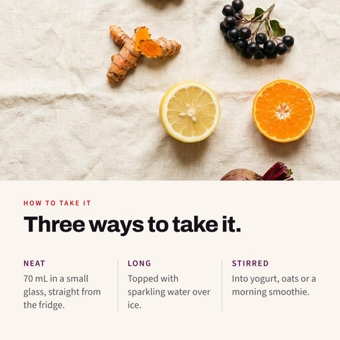Serving suggestion: Aronia berries, lemon, orange, beetroot and turmeric root on linen, with three ways to serve Shoti Beet Shot