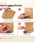 Four steps to open the PassionBio 3 L juice box: tilt it back, press the panel, pull out the spout, pour