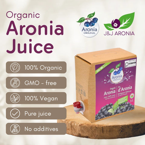 Organic Aronia Juice 3 L Bag-in-Box – Canada packaging, box with tap on a wooden board