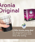 Organic Aronia Juice 3 L Bag-in-Box – Canada packaging, box next to a glass of juice
