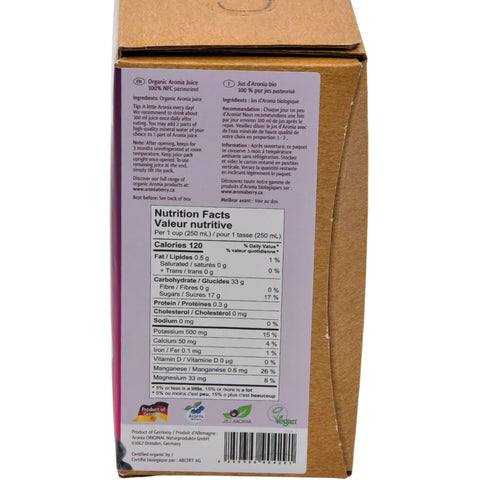 Organic Aronia Juice 3 L Bag-in-Box – Canada packaging, side panel with bilingual nutrition facts table