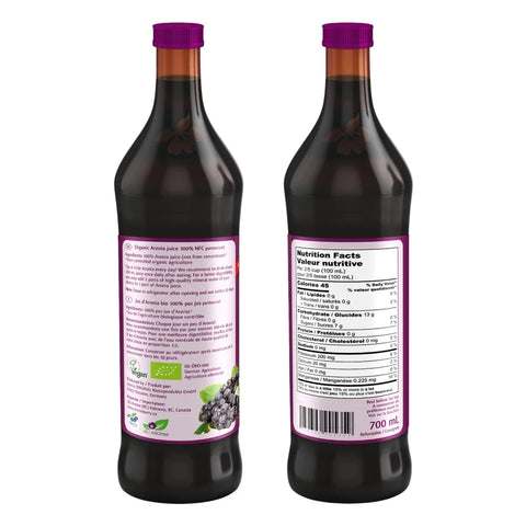 Organic Aronia Juice 700 ml glass bottle – Canada packaging, back labels with ingredients and nutrition facts table