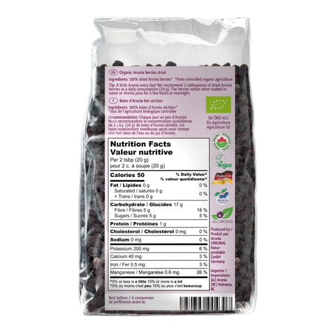 Organic Dried Aronia Berries 200 g pouch – Canada packaging, back with ingredients and nutrition facts table