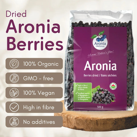 Organic Dried Aronia Berries 500 g pouch – Canada packaging, on a wooden board