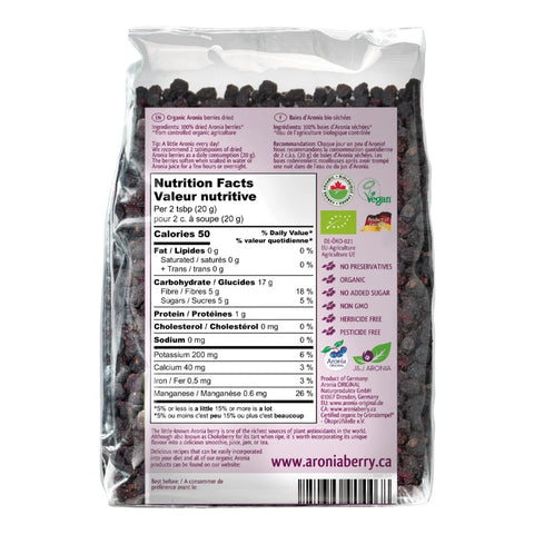 Organic Dried Aronia Berries 500 g pouch – Canada packaging, back with ingredients and nutrition facts table