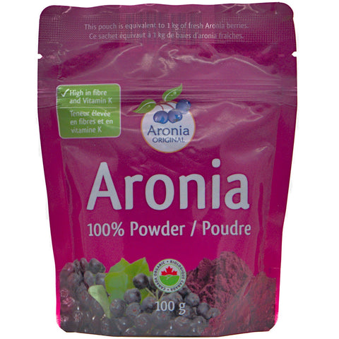 Organic Aronia Berry Powder 100 g pouch – Canada packaging, bilingual English/French label, front view