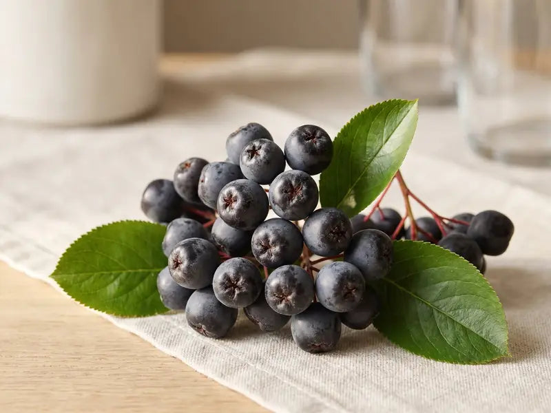 Close-up of a fresh aronia berry cluster with leaves