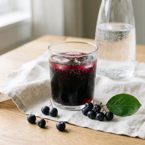Aronia juice topped up with sparkling water, with a carafe of sparkling water
