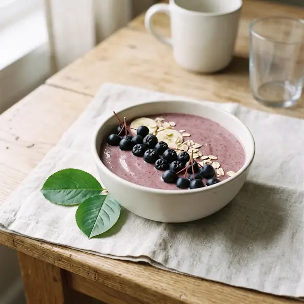 Smoothie bowl coloured with aronia powder, topped with fresh aronia berries and oats