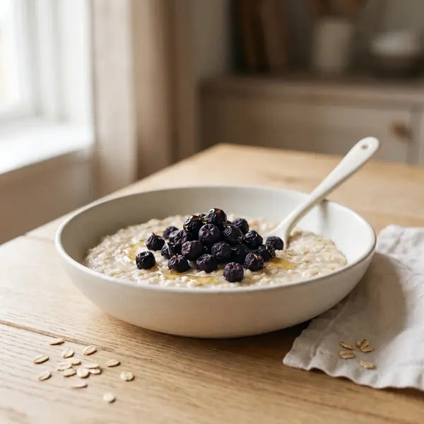 Oat porridge topped with dried aronia berries